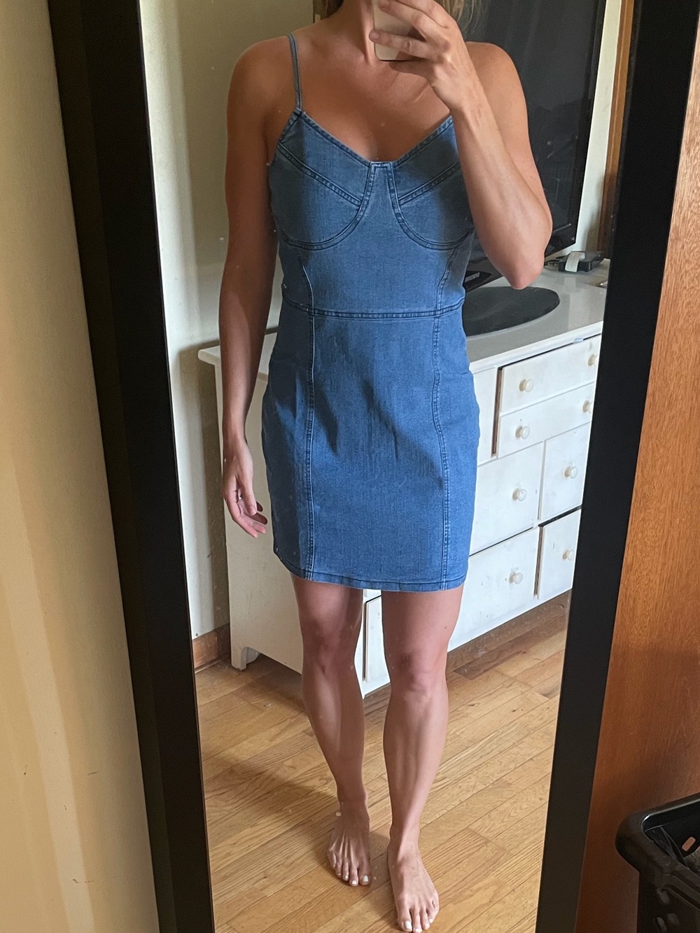 Denim Spaghetti Strap Mini Dress - Blue